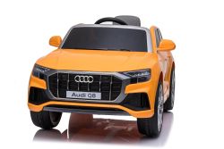 Elektrische Spielzeug Auto Audi Q8, Orange, original lizenziert, Kunstledersitz, öffnende Türen, 2 x 25 W Motor, 12 V Batterie, 2,4 GHz Fernbedienung, weiche EVA-Räder, LED-Leuchten, sanfter Start, ORIGINAL-Lizenz