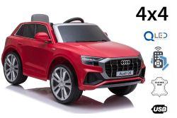 Elektrische Spielzeug Auto Audi Q8, Rot, original lizenziert, Kunstledersitz, öffnende Türen, 2 x 25 W Motor, 12 V Batterie, 2,4 GHz Fernbedienung, weiche EVA-Räder, LED-Leuchten, sanfter Start, ORIGINAL-Lizenz