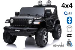 Elektroauto für Kinder JEEP Wrangler, Schwarz, Doppelsitz aus Kunstleder Kunstleder Türen öffnen, Radio mit Bluetooth- und USB-Eingang, Allradantrieb, 12V10Ah-Batterie, EVA-Räder, Aufhängungsachsen, 2,4-GHz-Fernbedienung, Lizenziert