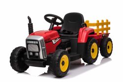 Elektrischer Traktor WORKERS mit Anhänger, Rot, Hinterradantrieb, Lithium-Akku, Rädern, breitem Sitz, 2,4-GHz-Fernbedienung, MP3-Player und SD-Eingang, LED-Leuchten