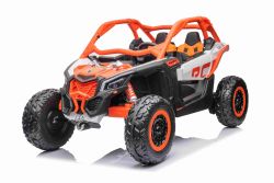 Elektro Kinderauto Can-am Maverick 24V, orange, Zweisitzer,Hinterradfederung, 2,4-GHz-Fernbedienung, Tragbarer Lithium-Akku, 4 x 35-W-Motoren, EVA-Räder, verstellbarer Fahrersitz, MP3-Player mit USB/SD-Eingang, lizenziert