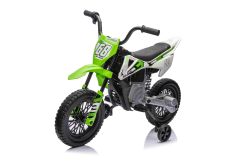 Elektromotorrad für Kinder MOTOCROSS, grün, 12-V-Batterie, weiche EVA-Räder, Ledersitz, 2 x 25-W-Motor, Federung, Metallrahmen, MP3-Player mit Bluetooth, Hilfsräder