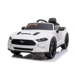 Drift Elektroauto Ford Mustang 24V, weiss, glatte Drift-Räder, 2 x 25000 RPM Motoren, Drift-Modus bei 13 km/h, 24V-Batterie, LED-Leuchten, vordere EVA-Räder, 2,4-GHz-Fernbedienung, weicher PU-Sitz, ORIGINAL Lizenz 