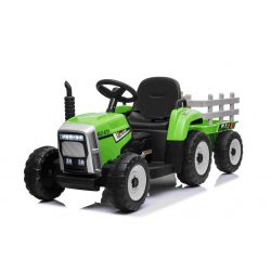 Elektrischer Traktor WORKERS mit Anhänger, Grün, Hinterradantrieb, 12-V-Batterie, Rädern, breitem Sitz, 2,4-GHz-Fernbedienung, MP3-Player und SD-Eingang, LED-Leuchten