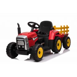 Elektrischer Traktor WORKERS mit Anhänger, Rot, Hinterradantrieb, 12-V-Batterie, Rädern, breitem Sitz, 2,4-GHz-Fernbedienung, MP3-Player und SD-Eingang, LED-Leuchten