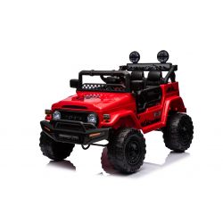 Elektrisches Aufsitzauto TOYOTA FJ CRUISER mit Hinterradantrieb, Rot, 12-V-Batterie, hohes Fahrgestell, breiter Sitz, Hinterachsfederung, LED-Leuchten, 2,4-GHz-Fernbedienung, MP3-Player mit USB/AUX-Eingang, lizenziert