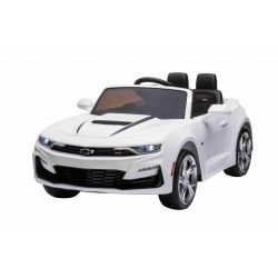Kinder-Elektroauto Chevrolet Camaro, weiß, Originallizenz, 12V Batterie, öffnende Türen, Sitzfläche aus Kunstleder, 2x 35W Motor, LED-Leuchten, 2,4-GHz Fernbedienung, Weiche EVA-Räder, Sanftanlauf