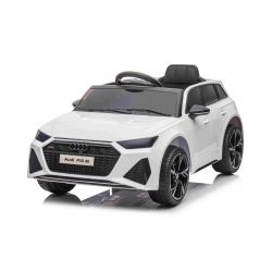 Elektrisches Kinderauto Audi RS6, Weiß, Ledersitz, Türen zum Öffnen, 2x 25-W-Motor, 12-V-Batterie, 2,4-GHz-Fernbedienung, weiche EVA-Räder, LED-Leuchten, Sanftanlauf, Stoßdämpfer, ORIGINAL-Lizenz