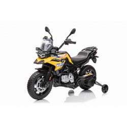 Elektromotorrad BMW F850 GS, Lizenziert, 12-V-Batterie, weiche EVA-Räder, 2 x 35-W-Motoren, LED-Leuchten, Hilfsräder, MP3-Player mit USB/Aux-Eingang, Gelb