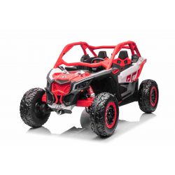 Elektro-Aufsitzauto Can-am Maverick, Rot, Zweisitzer, Vorder- und Hinterradfederung, 2,4-GHz-Fernbedienung, tragbarer Akku, 4 x 35-W-Motoren, EVA-Räder, verstellbarer Fahrersitz, MP3-Player mit USB/SD-Eingang, lizenziert