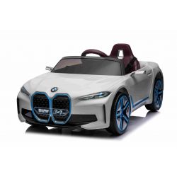 Elektro-Rutschauto BMW i4, Weiß, 2,4-GHz-Fernbedienung, USB / AUX / Bluetooth, Hinterradaufhängung, 12-V-Batterie, LED-Leuchten, 2 x 25-W-Motor, ORIGINAL-Lizenz