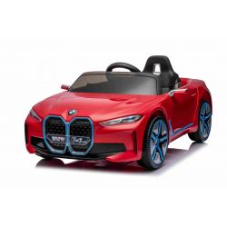 Elektro-Rutschauto BMW i4, rot, 2,4-GHz-Fernbedienung, USB / AUX / Bluetooth, Hinterradaufhängung, 12-V-Batterie, LED-Leuchten, 2 x 25-W-Motor, ORIGINAL-Lizenz