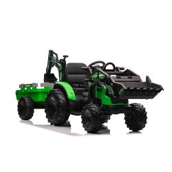 Elektrischer Traktor TOP-WORKER 12V mit Front-/Hecklader und Anhänger, Einsitzer, grün, 2,4-GHz-Fernbedienung,  weicher PU-Sitz, MP3-Player mit USB-Eingang, Hinterradantrieb, 2 x 45W Motor, EVA-Räder, 12V / 10Ah Akku