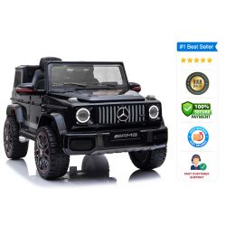 Elektroauto Mercedes G Neu, Schwarz, Originallizenz, Batteriebetrieben, Türen öffnen, Einzelsitz, 2x Motor, 12 V Batterie, 2,4 GHz Fernbedienung, Hinterradfederung, Sanfter Start