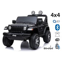 Elektroauto für Kinder JEEP Wrangler, Schwarz, Doppelsitz aus Kunstleder Kunstleder Türen öffnen, Radio mit Bluetooth- und USB-Eingang, Allradantrieb, 12V10Ah-Batterie, EVA-Räder, Aufhängungsachsen, 2,4-GHz-Fernbedienung, Lizenziert