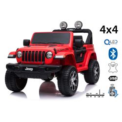 Elektroauto für Kinder JEEP Wrangler, Rot, Doppelsitz aus Kunstleder Kunstleder Türen öffnen, Radio mit Bluetooth- und USB-Eingang, Allradantrieb, 12V10Ah-Batterie, EVA-Räder, Aufhängungsachsen, 2,4-GHz-Fernbedienung, Lizenziert