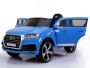 Elektroauto Kinder Audi Q7 Quattro Neu, Blau lackiert, Originallizenz, Batteriebetrieben, Türen öffnen, Einzelsitz, 2x Motor, 12 V Batterie, 2,4 GHz Fernbedienung, weiche EVA-Räder, Sanfter Start