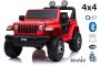 Elektroauto für Kinder JEEP Wrangler, Rot, Doppelsitz aus Kunstleder Kunstleder Türen öffnen, Radio mit Bluetooth- und USB-Eingang, Allradantrieb, 12V10Ah-Batterie, EVA-Räder, Aufhängungsachsen, 2,4-GHz-Fernbedienung, Lizenziert